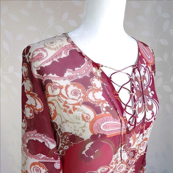 Vintage 90s Silk Retro Paisley Print Sheer Lace Up Tunic Top Red Orange XS - Picture 7 of 16